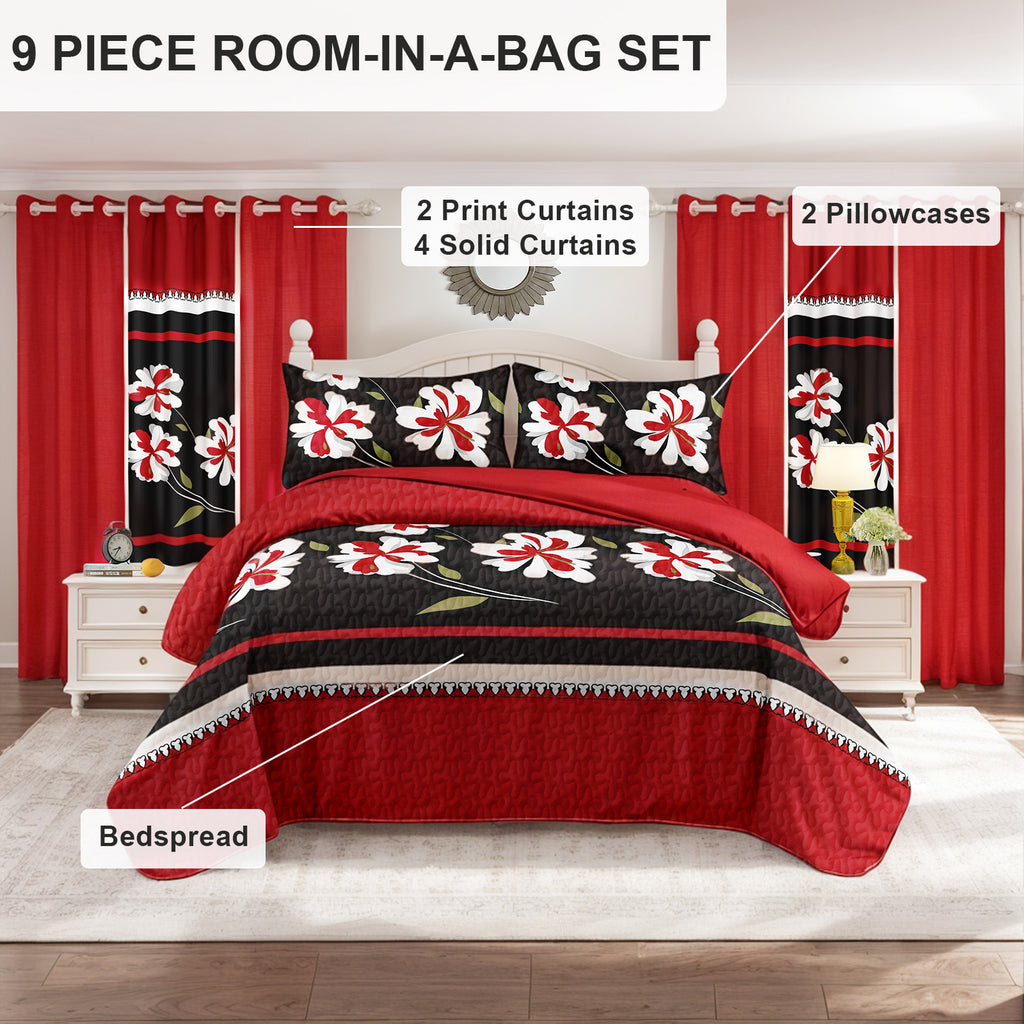 Couche de lit et rideau noir et rouge 9 pièces