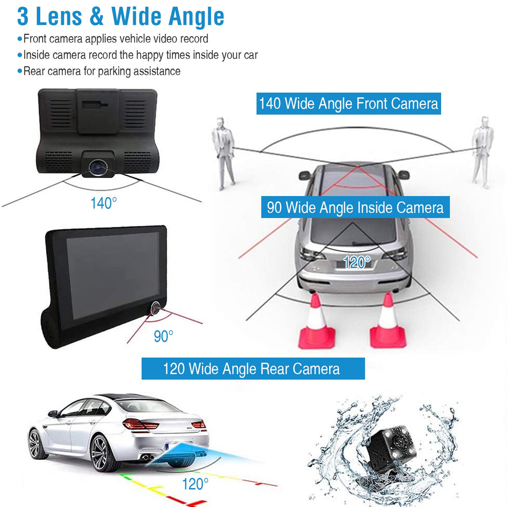 1296P Voiture DVR Dash Camera 4En 3 Lens Vehicle Drive Recorder Enregistrement sans couture