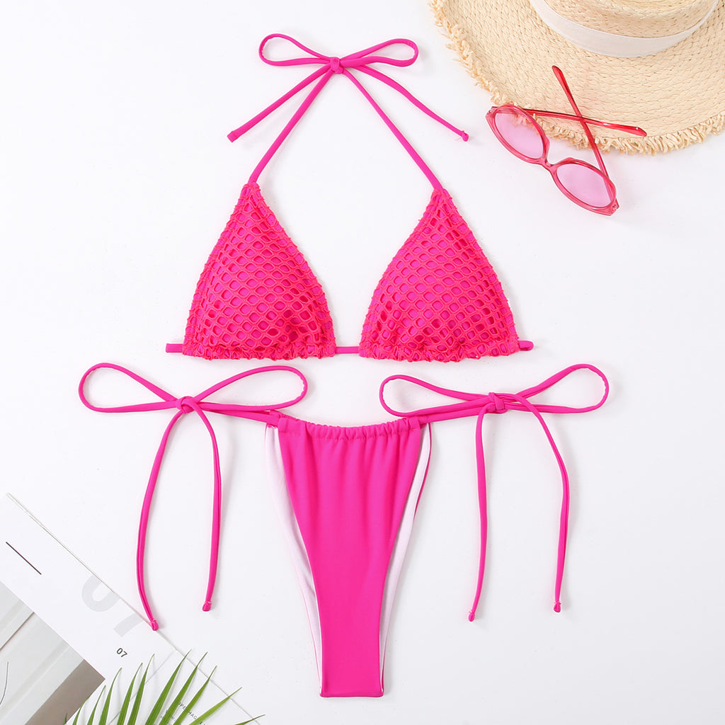 Maillot de bain bi-pièce Jacquard pour femme en couleur unie avec pinces à cravate