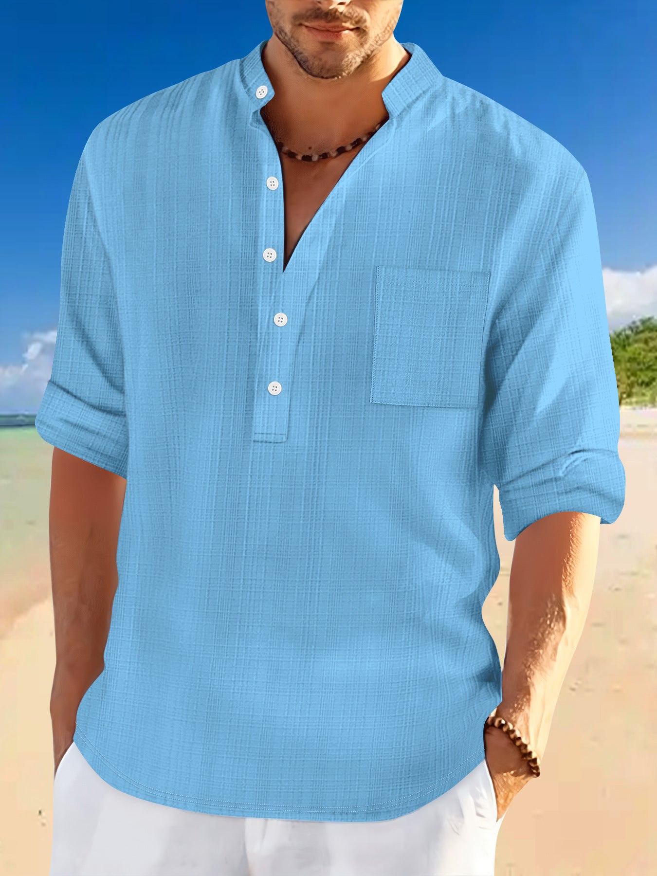 Homme Arrivée Stand-Collar Bamboo-Blend Loose-Fit chemise à manches longues