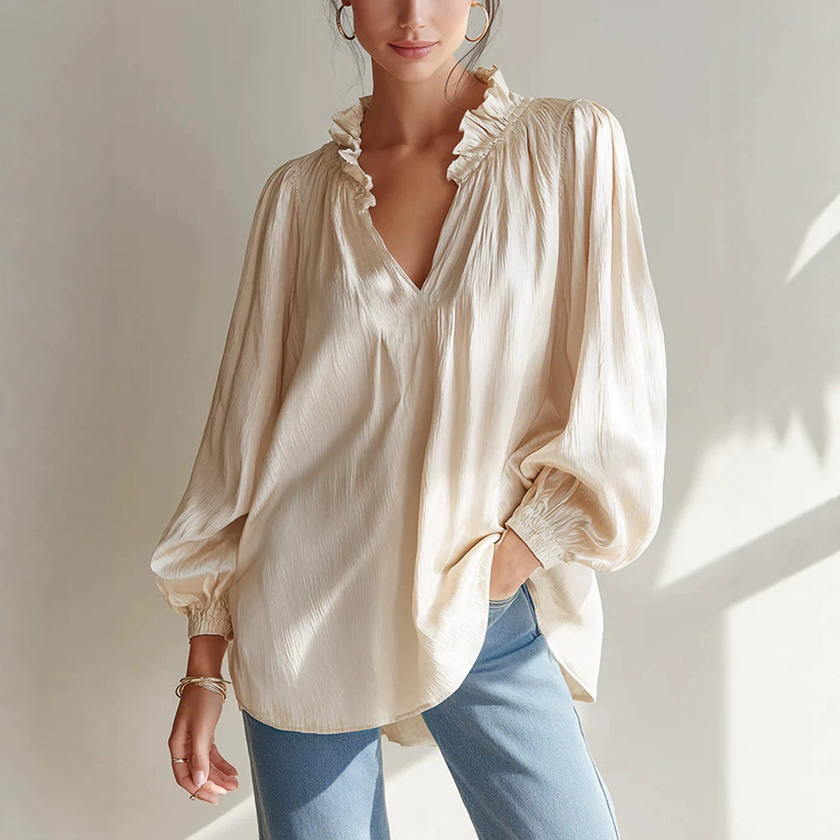 Femmes Casual Ruffled-edge V-neck Blouse à manches de puff