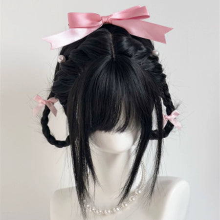 Femmes Wig Wispy Bangs Long droit cheveux noirs tressé Updo