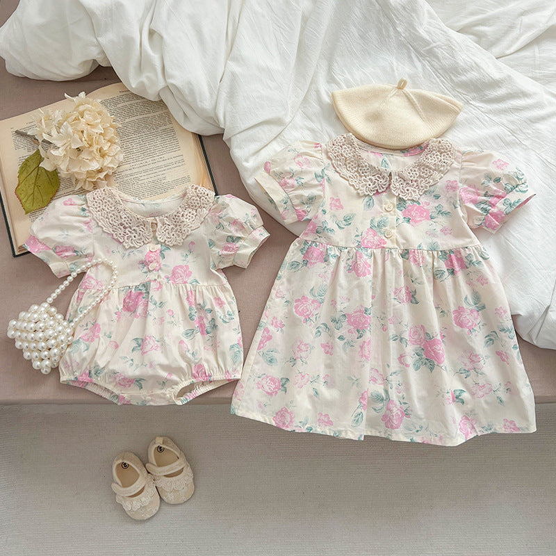 Girls' Lace-Trimmed Floral-Print Summer Dress