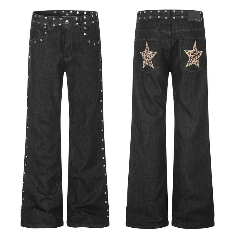Retro Studded Leopard-print Patch Flared Jeans