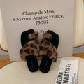Femmes Carré orteil Croix Bande de fourrure Diapositive Léopard Imprimer Faux Fur Pantoufles plates Casual Indoo