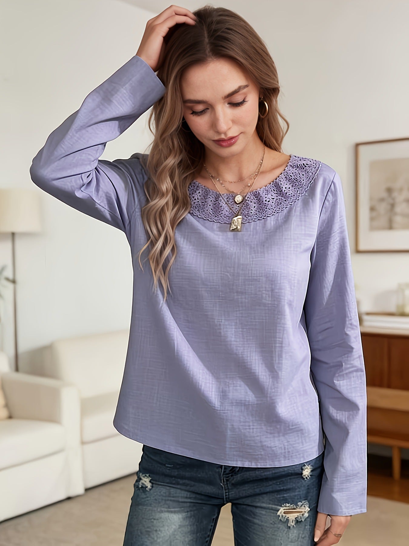 Lavande Vintage Lavande de style européen et américain Coupe Casual Col rond Manches longues Top