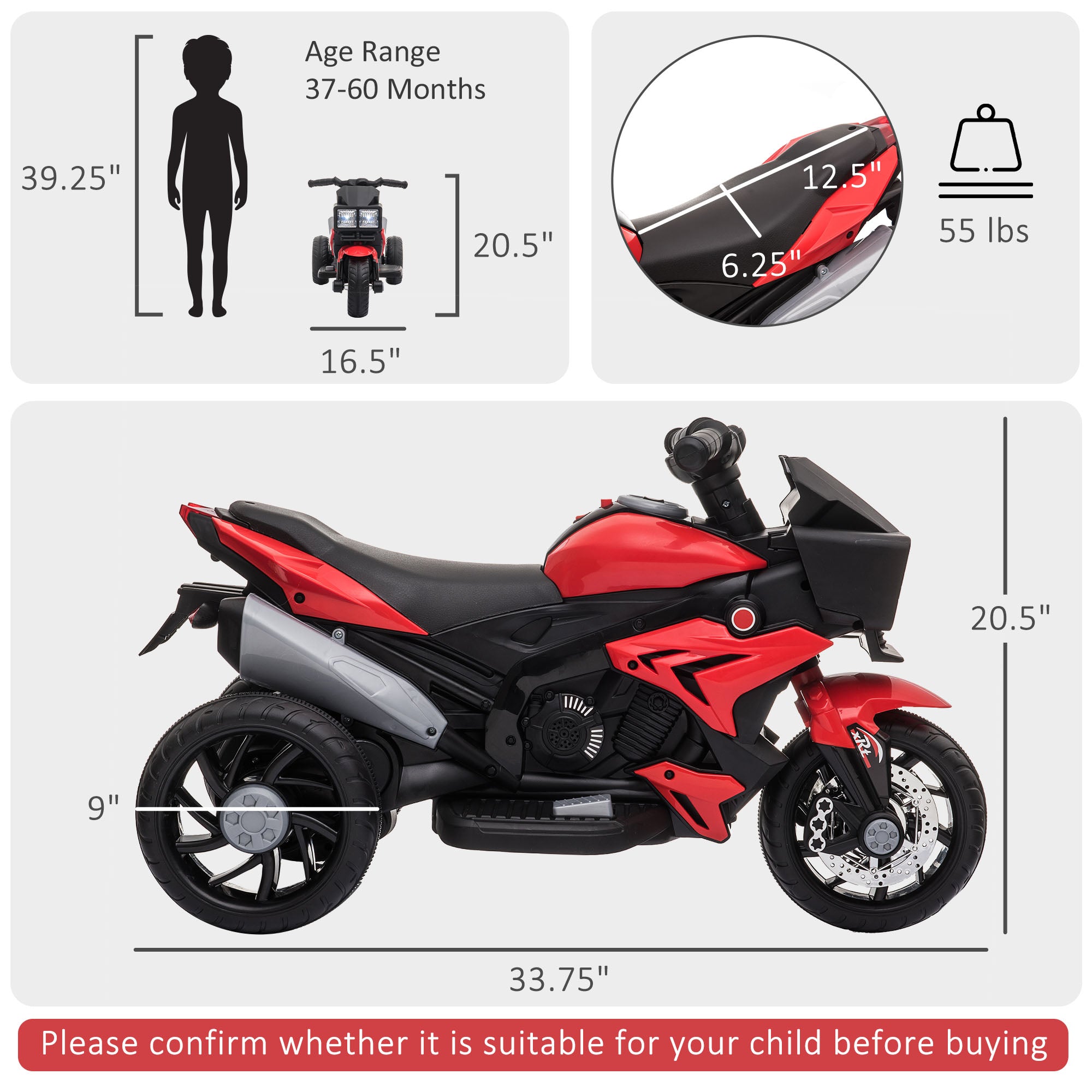 Jouet de moto électrique rouge 6V pour enfants avec phares en corne de musique