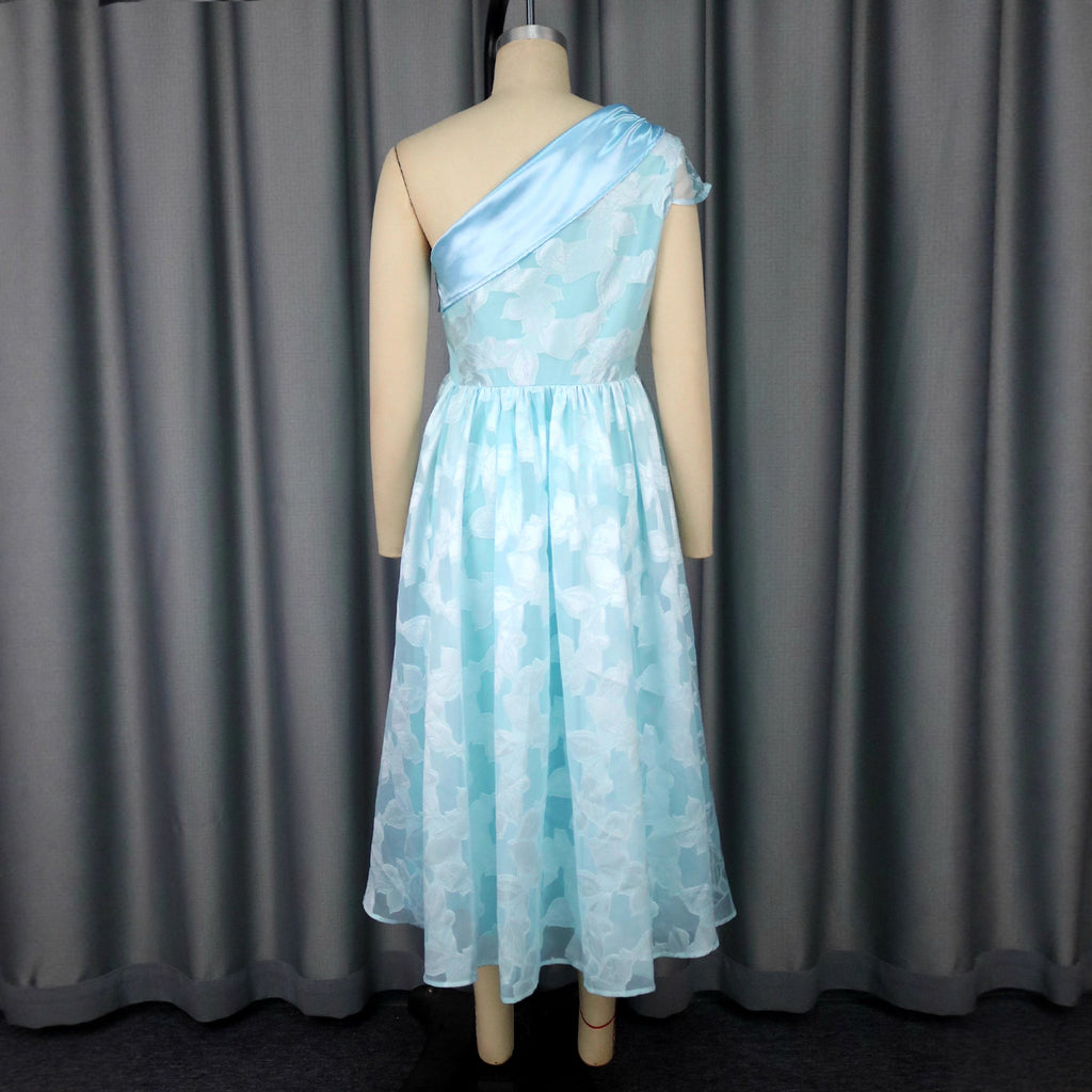 Robe de soirée contrastante oblique pour femmes Jacquard Robe élégante