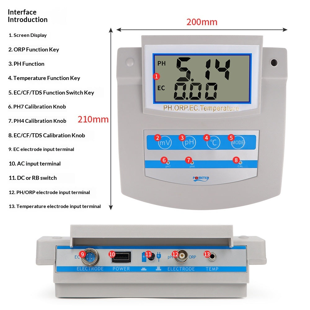 Écran numérique de bureau Température 6-en-1 PH Meter Testeur de qualité de l'eau