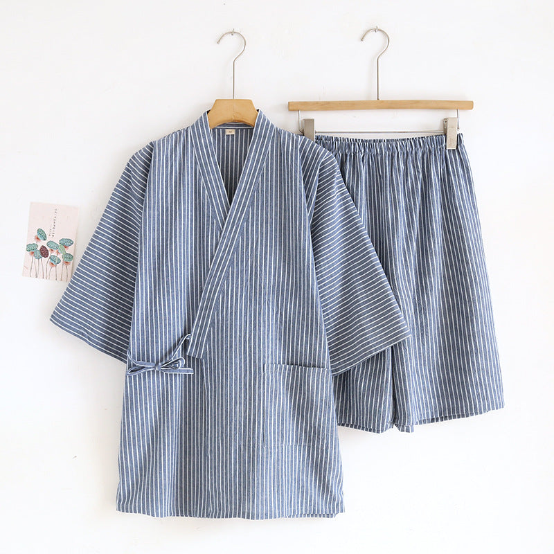 Coton Lavé Pyjama costume mince rayé hommes et femmes japonais couple Kimono pantalons