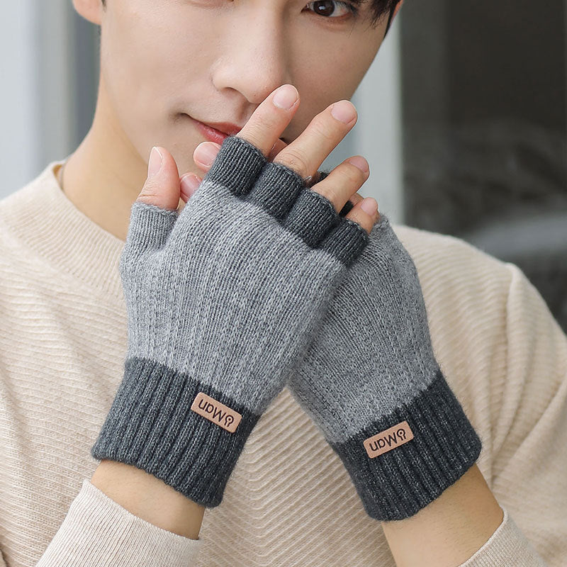 Gants de tricot à moitié doigts épais et chauds pour hommes