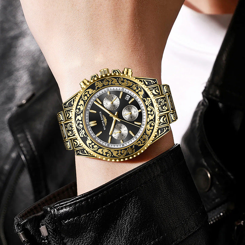 Vintage Engraving Quartz Multifunction Men's Watches