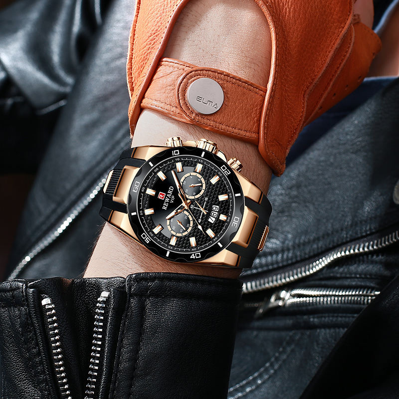 REWARD Mens Montre en noir et or avec un design cool et la fonction de calendrier