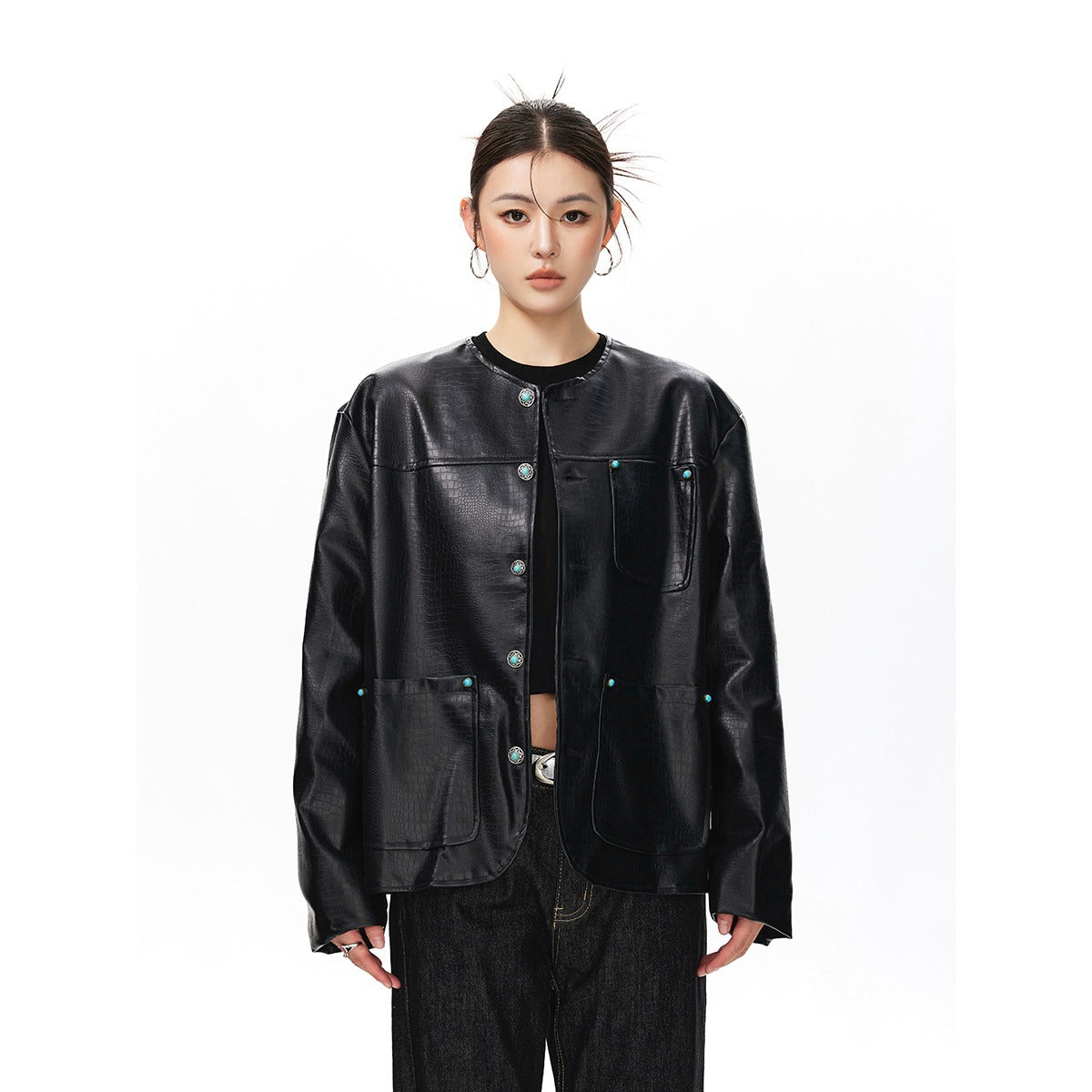Veste en cuir sans collier pour femmes