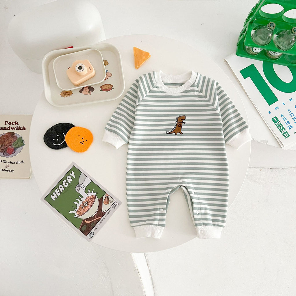 Springautumn Arrivée Stripped Dinosaur-broidered bébé Romper Pour 0 2 ans