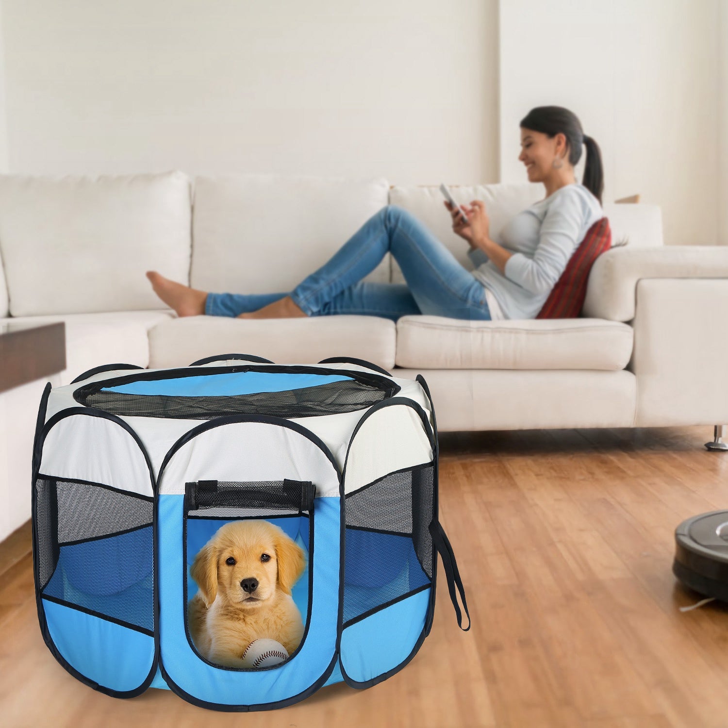 Pink-Blue Options -- 1Pc portable pliable de tente pour animaux de compagnie Pen d'exercice Kennel Zipper amovible T