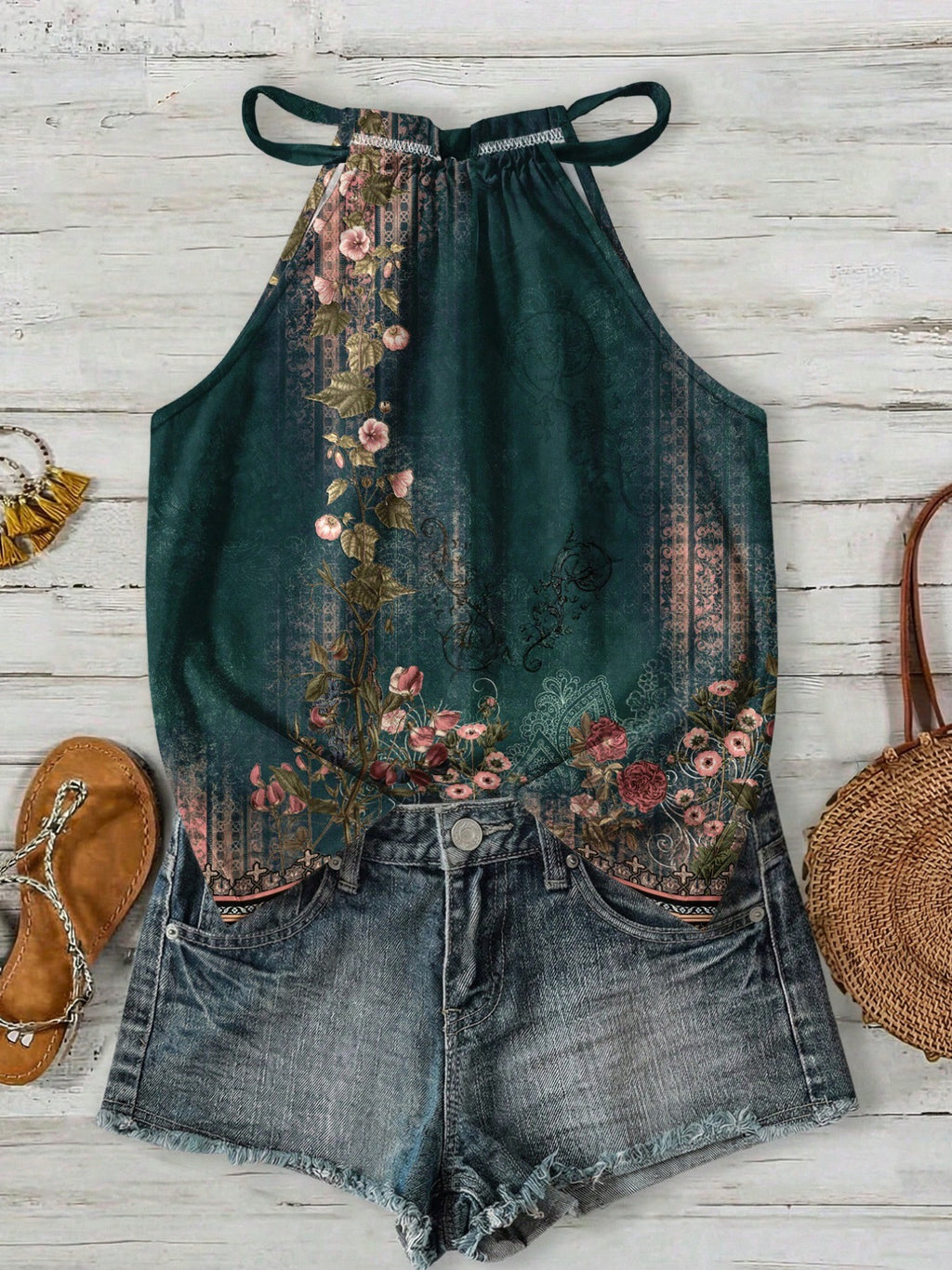 Femmes Casual Resort style Halter-neck Sleeveless Tank Top
