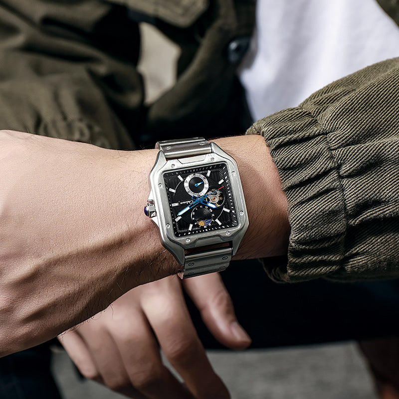Flywheel étanche Hollow Out Trendy hommes Square Montre mécanique automatique