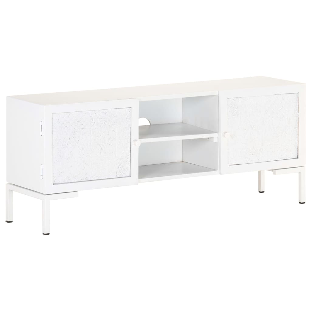 Armoire TV, blanc, 115x30x46 cm, bois de mangue massif