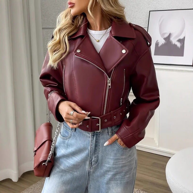 Veste courte en cuir PU Lapel Slim-Fit pour femmes