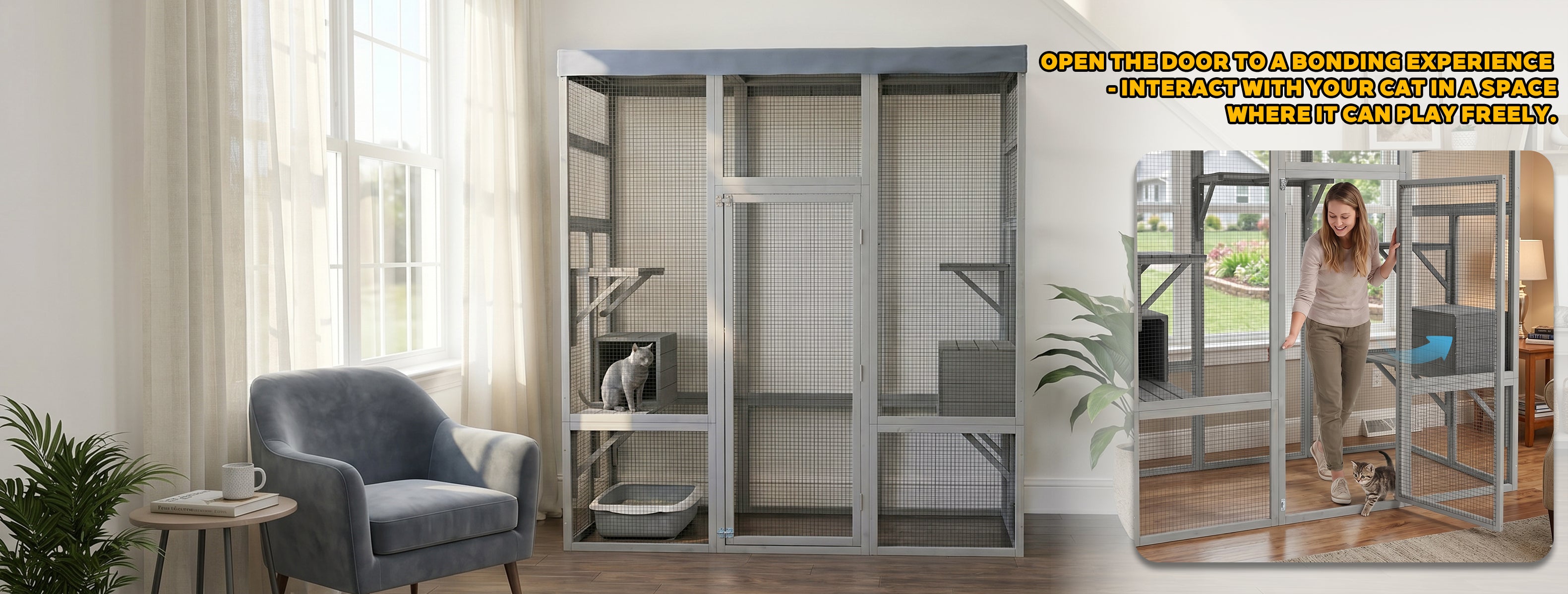 Catio en bois gris avec couvercle imperméable