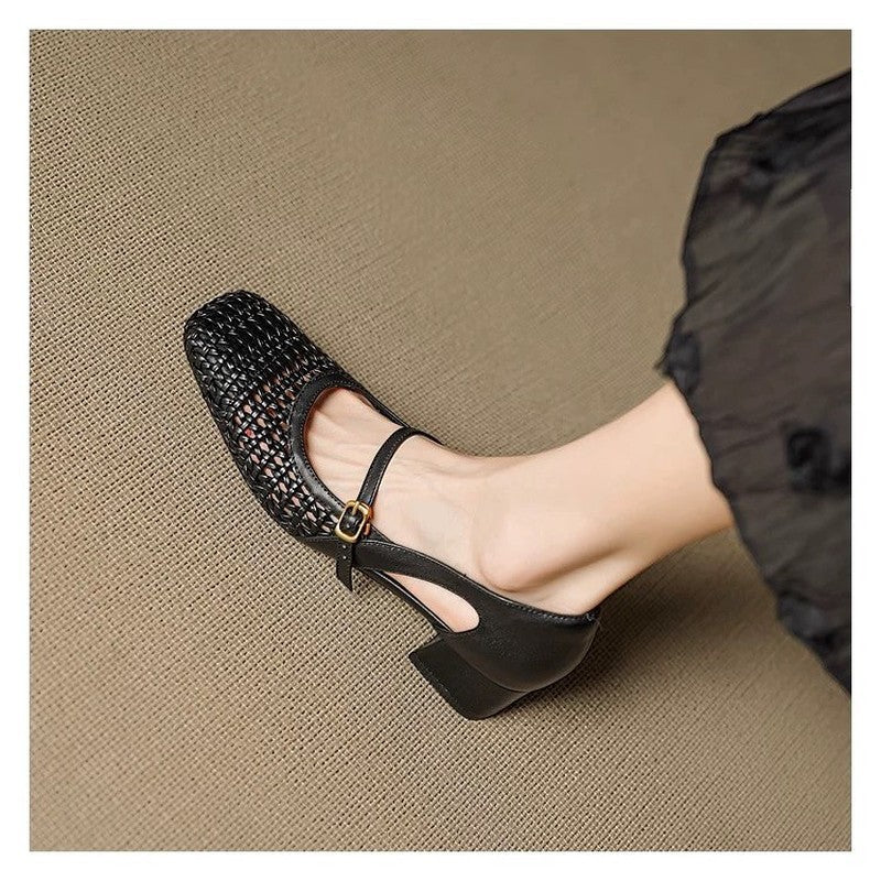 Carré Toe Woven Openwork Mary Jane Sandals Femmes Mid Heel Bracelet simple