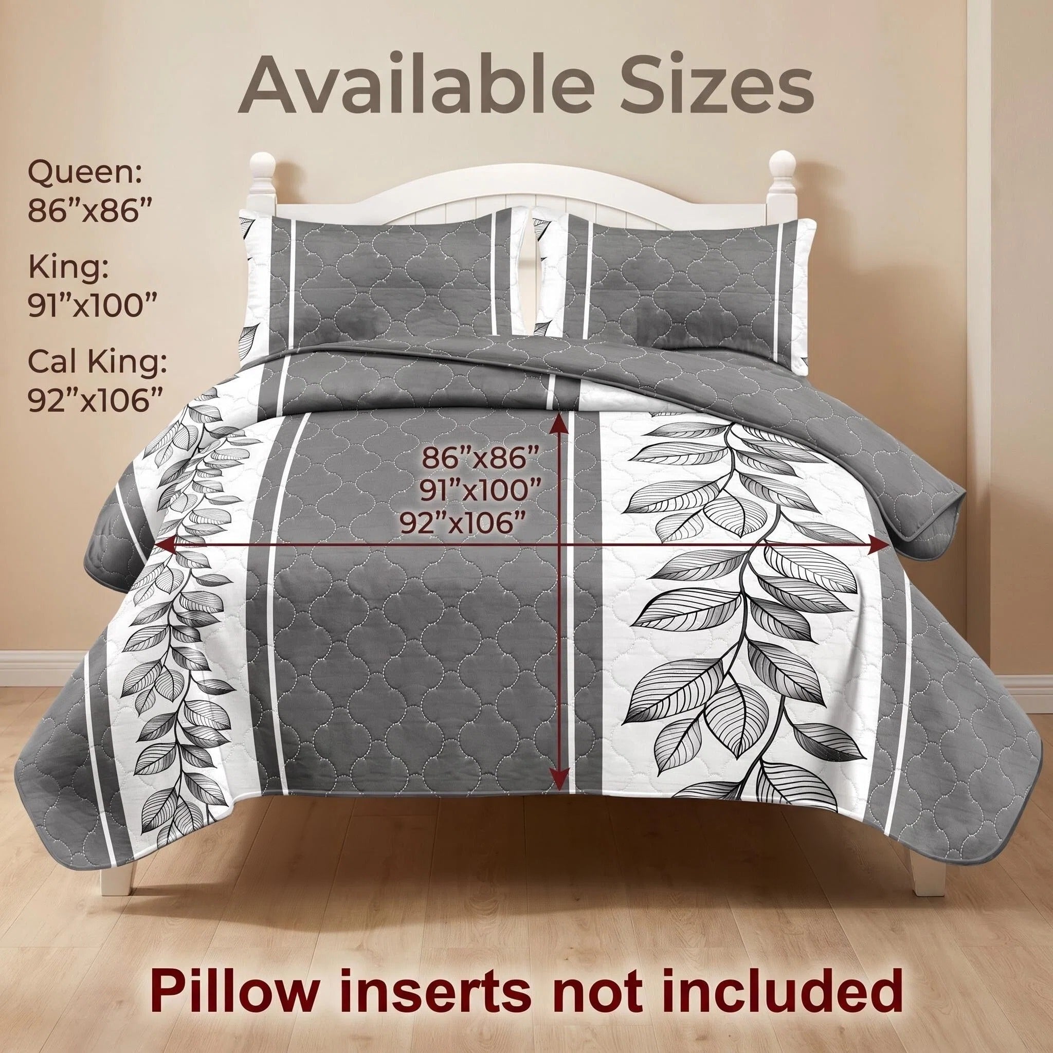 3-Piece gris et blanc bande de lit matelassé pour roi et roi de Californie