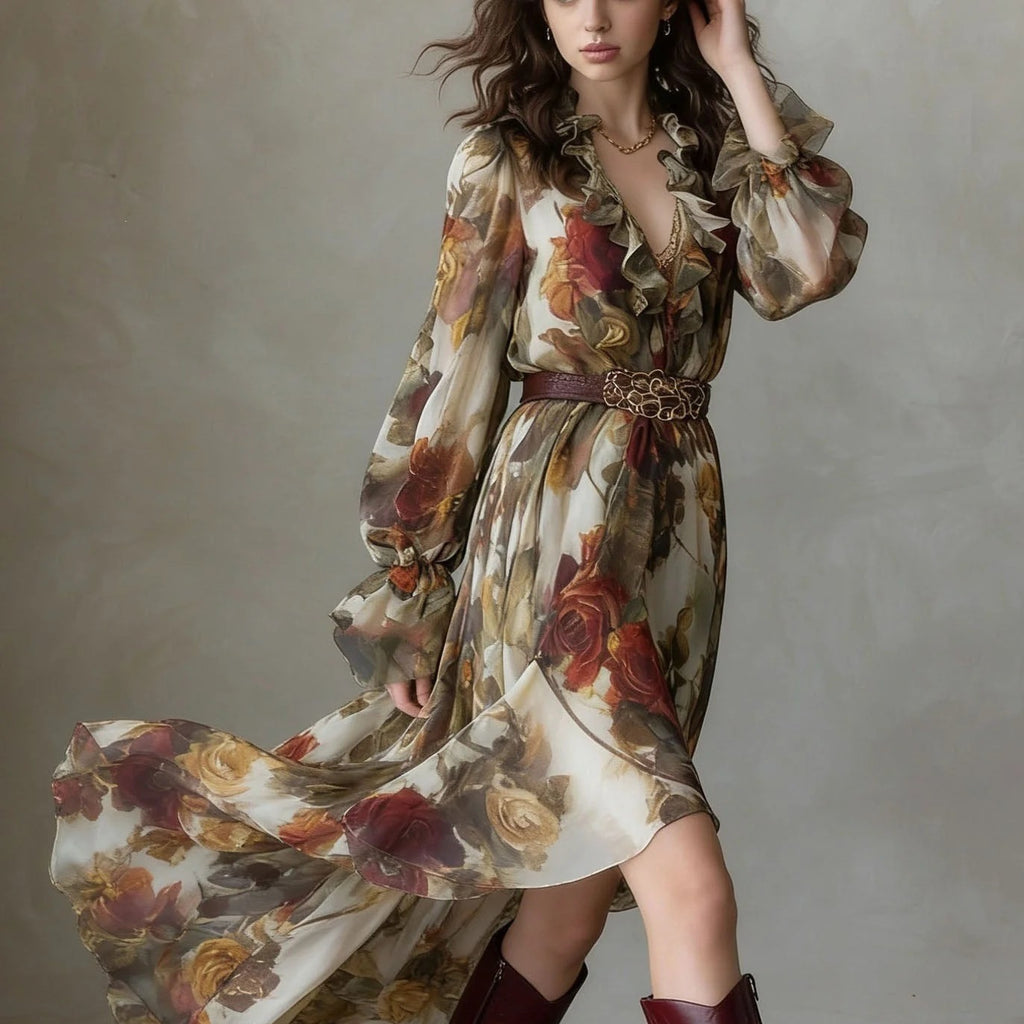 Robe asymétrique à manches longues à col V volant imprimé