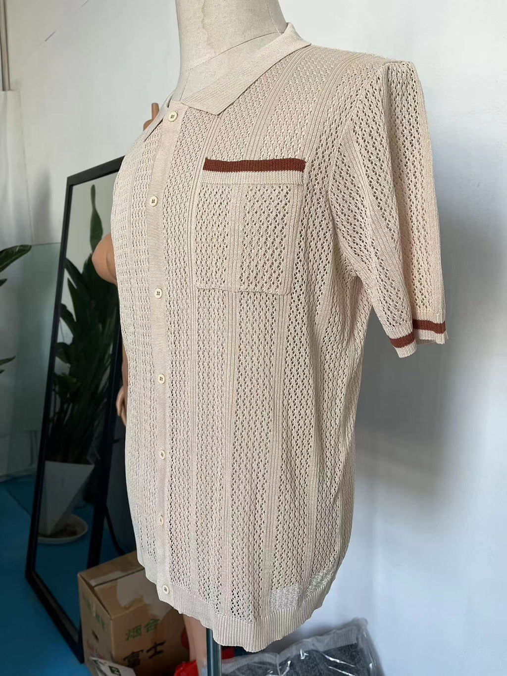 Chemise à manches courtes Poche Hollow Respirant Cool Summer Veste Casual Homme Cardigan