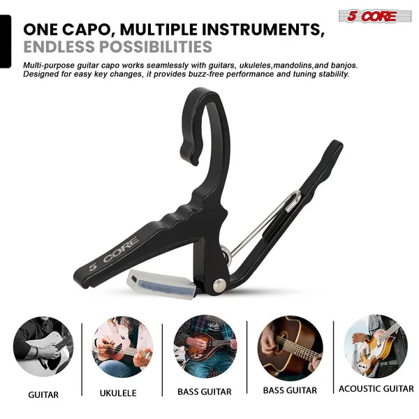5 Core Capo Acoustic Electric Guitar String Clip Banjo Mandolin or Ukulele + 6Pcs Guitar Pi