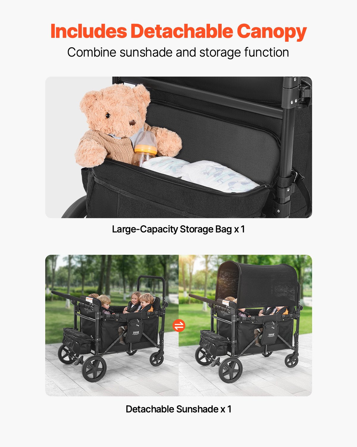 Poussette pour 4 enfants Push Pull Quad Poussette amovible 330LBS Chargement
