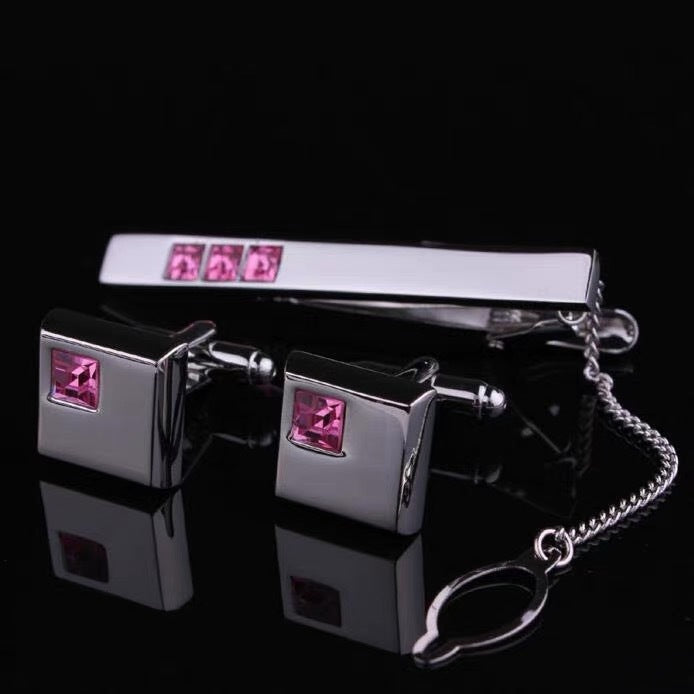 Robe pour homme Chemise en strass incrustée Argent Boutons de manchette Clip 3 pièces