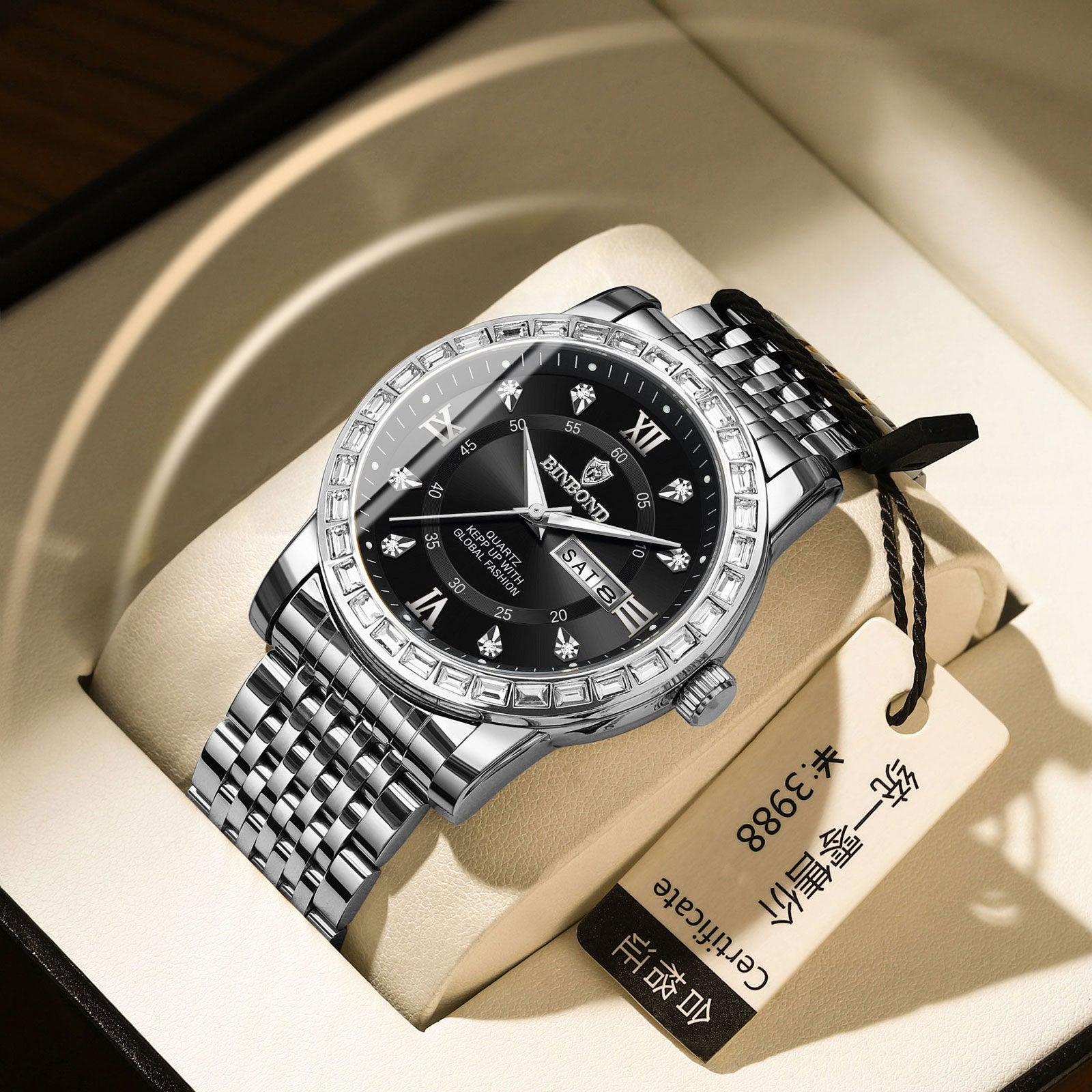 Business Diamant-embeded Montre mécanique double calendrier étanche