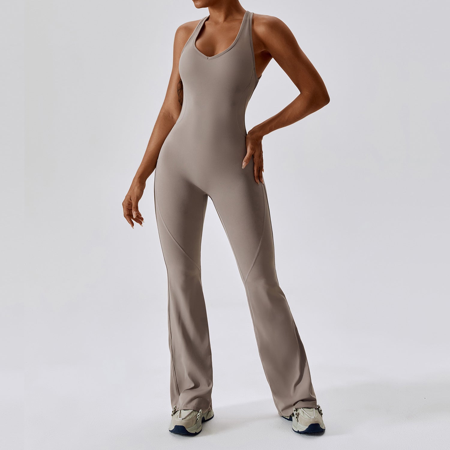 Femmes Quick Dry One Piece Yoga Jumpsuit Haute Taille Tummy Control Butt Lifting Flared Leg B