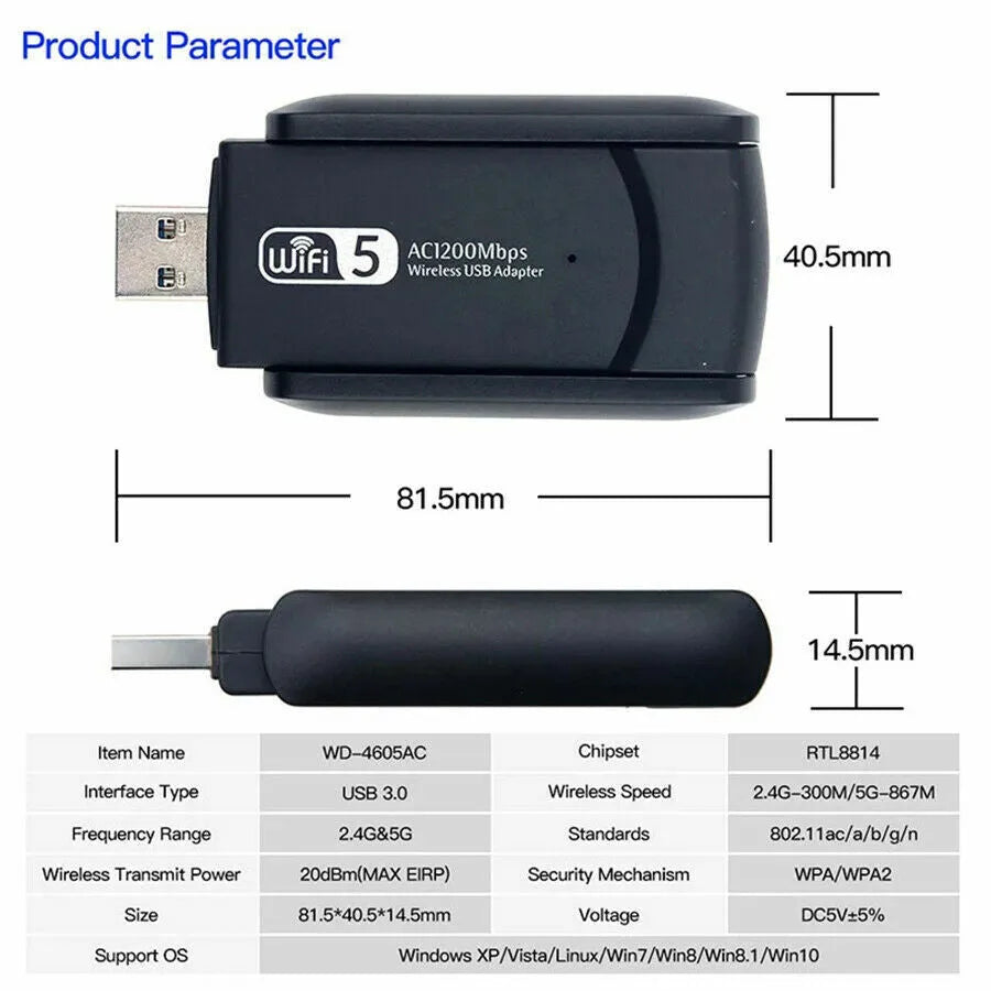 1200Mbps Longue portée AC1200 Double bande 5GHz Sans fil USB 3.0 Adaptateur WiFi Antennes
