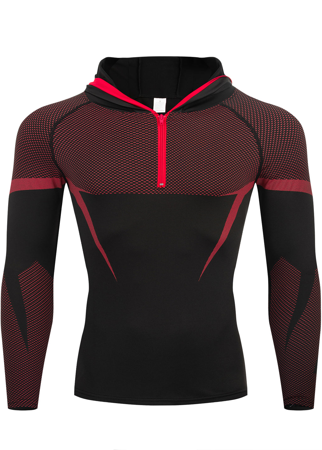 Hommes demi-zip Compression à capuche manches longues Chemise Noir Rouge Couleur Bloc Mesh Spliqued Quick