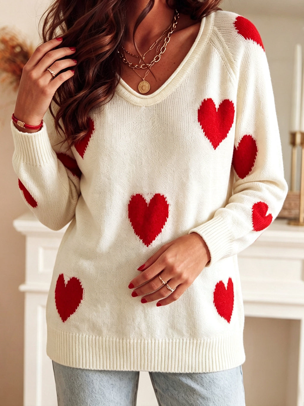 Crème Casual Overzied Blanc Tout sur le coeur rouge Pattern longue manches tricot dessus pour les femmes