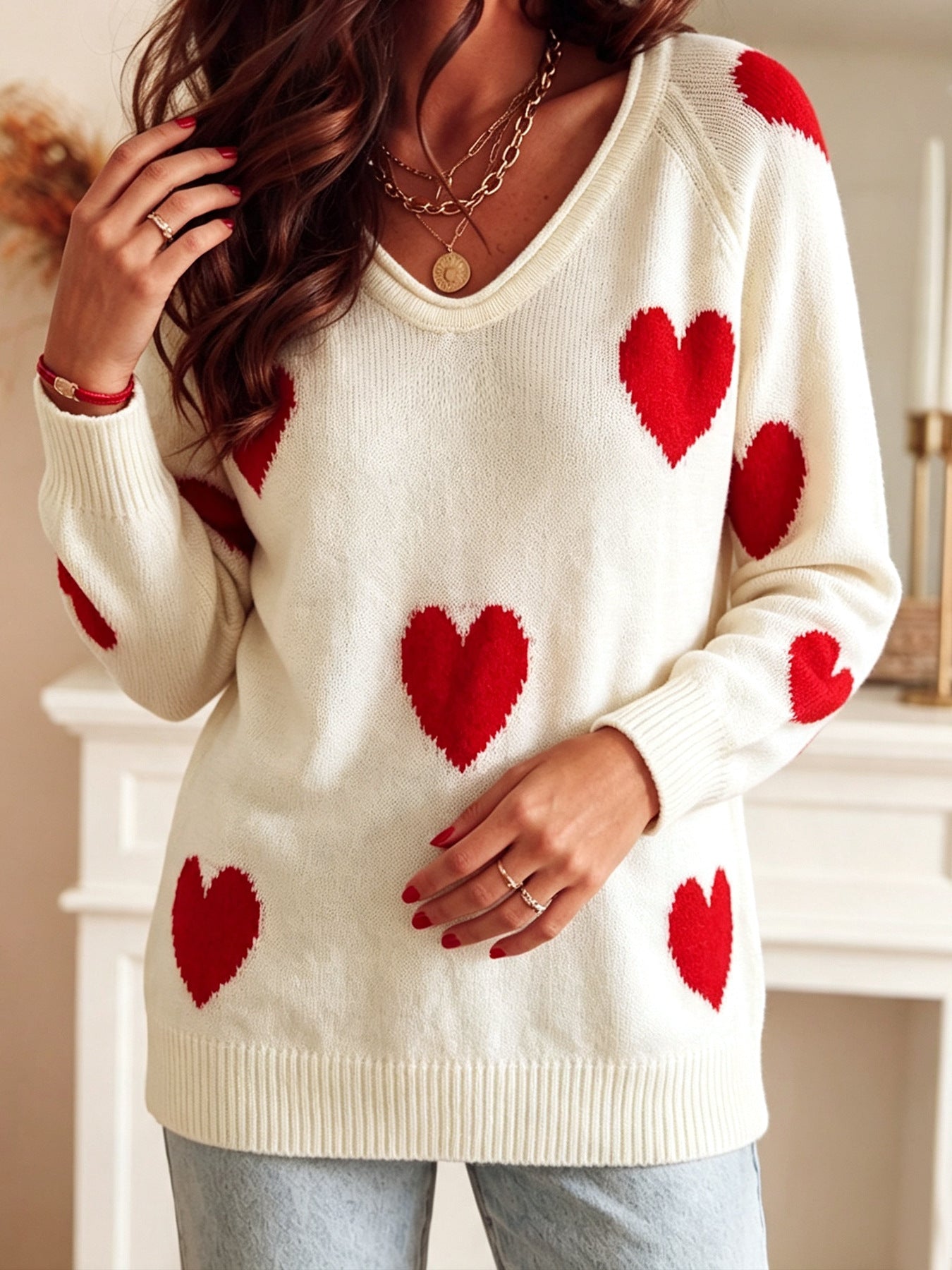 Crème Casual Overzied Blanc Tout sur le coeur rouge Pattern longue manches tricot dessus pour les femmes