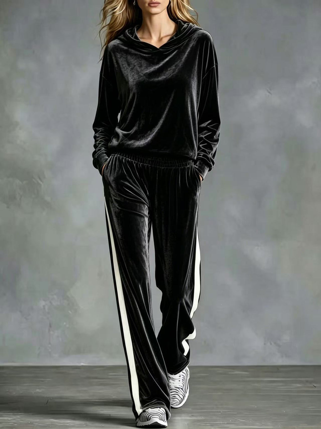 Ensemble de vêtements de salon pour femmes Velvet Hoodie Side Stripe Large Jambe