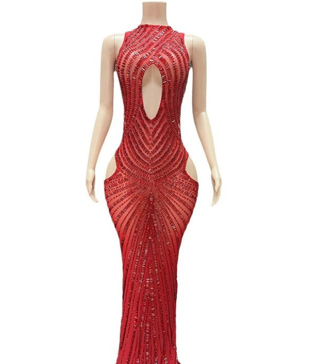 Femmes Sexy Mesh Hollow-Out Nightclub Robe de scène Performance Outfit Gown soirée