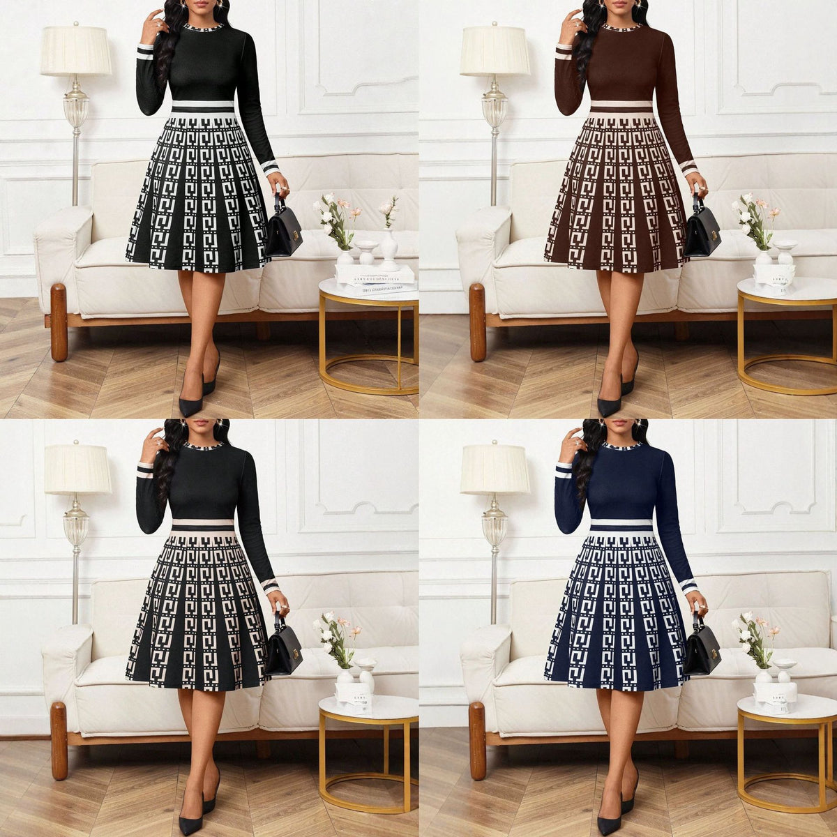 Élégante robe Midi avec un manche long rond en neckline et un design de patchwork imprimé