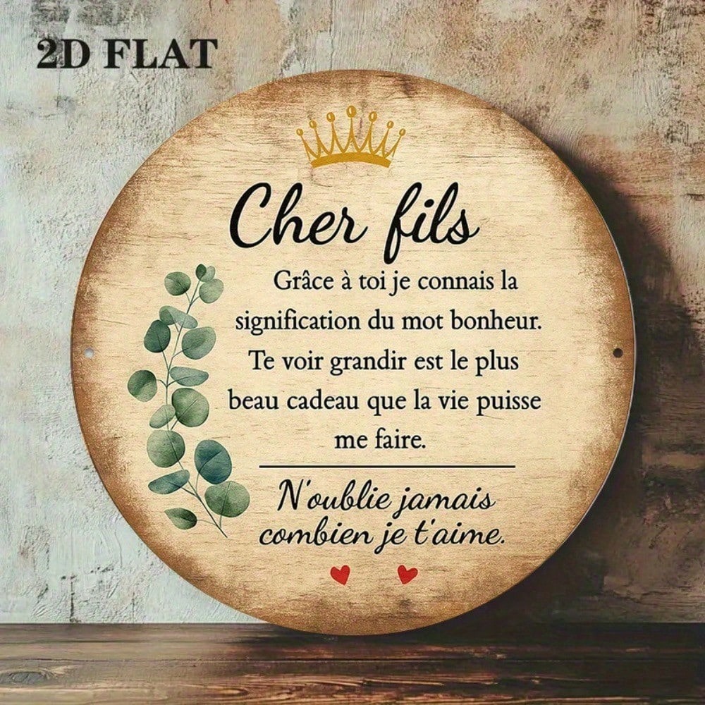 Cher fils Français rond aluminium panneau 8x8in Vintage Wall Art