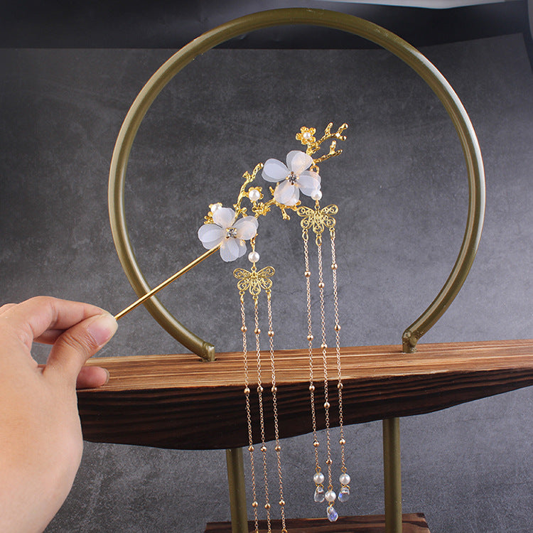 Ancien style Hair Accessoires Hanfu Plum Blossom Branche Tassel Hairpin White Flower Drill