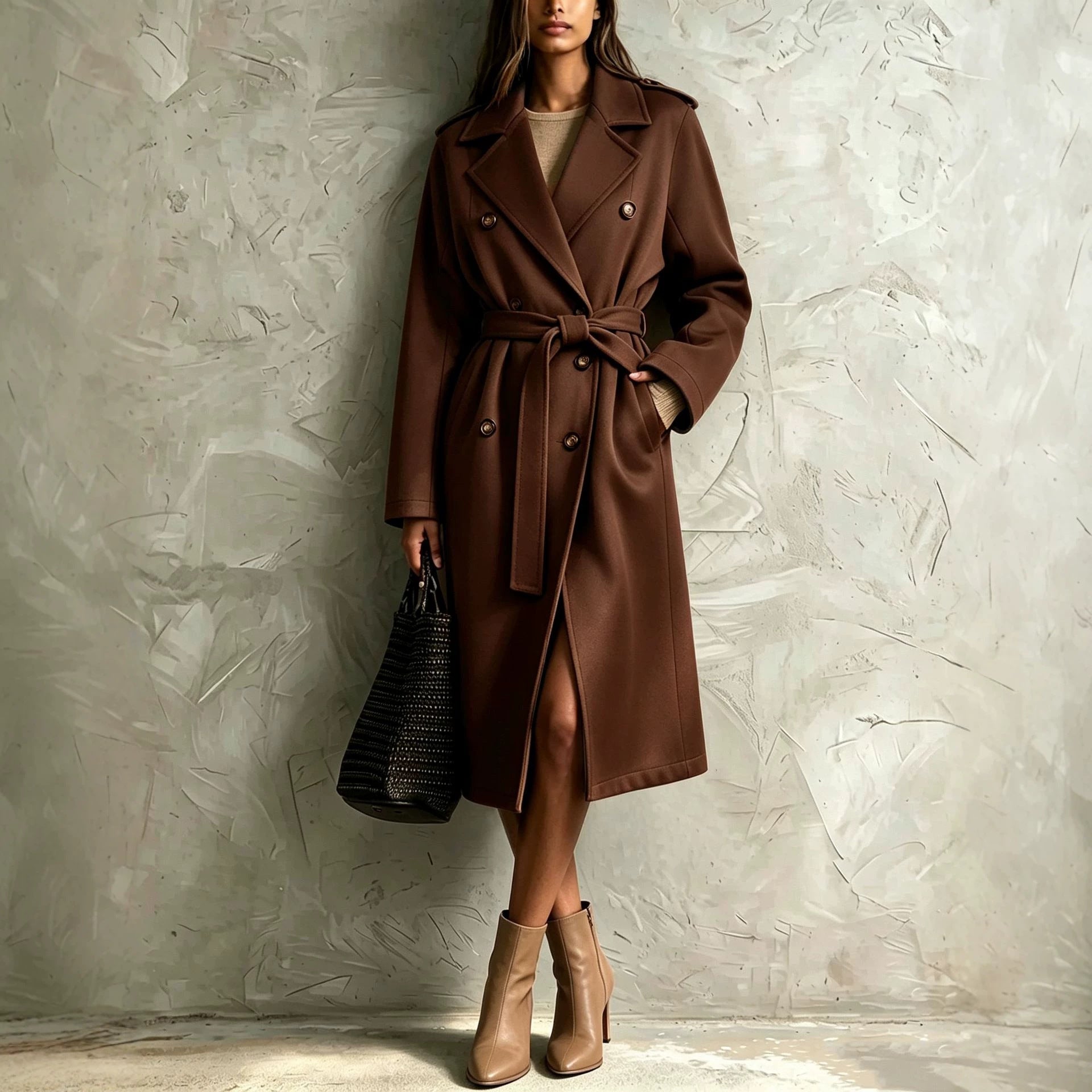 Manteau en laine de longueur moyenne à ceinture double