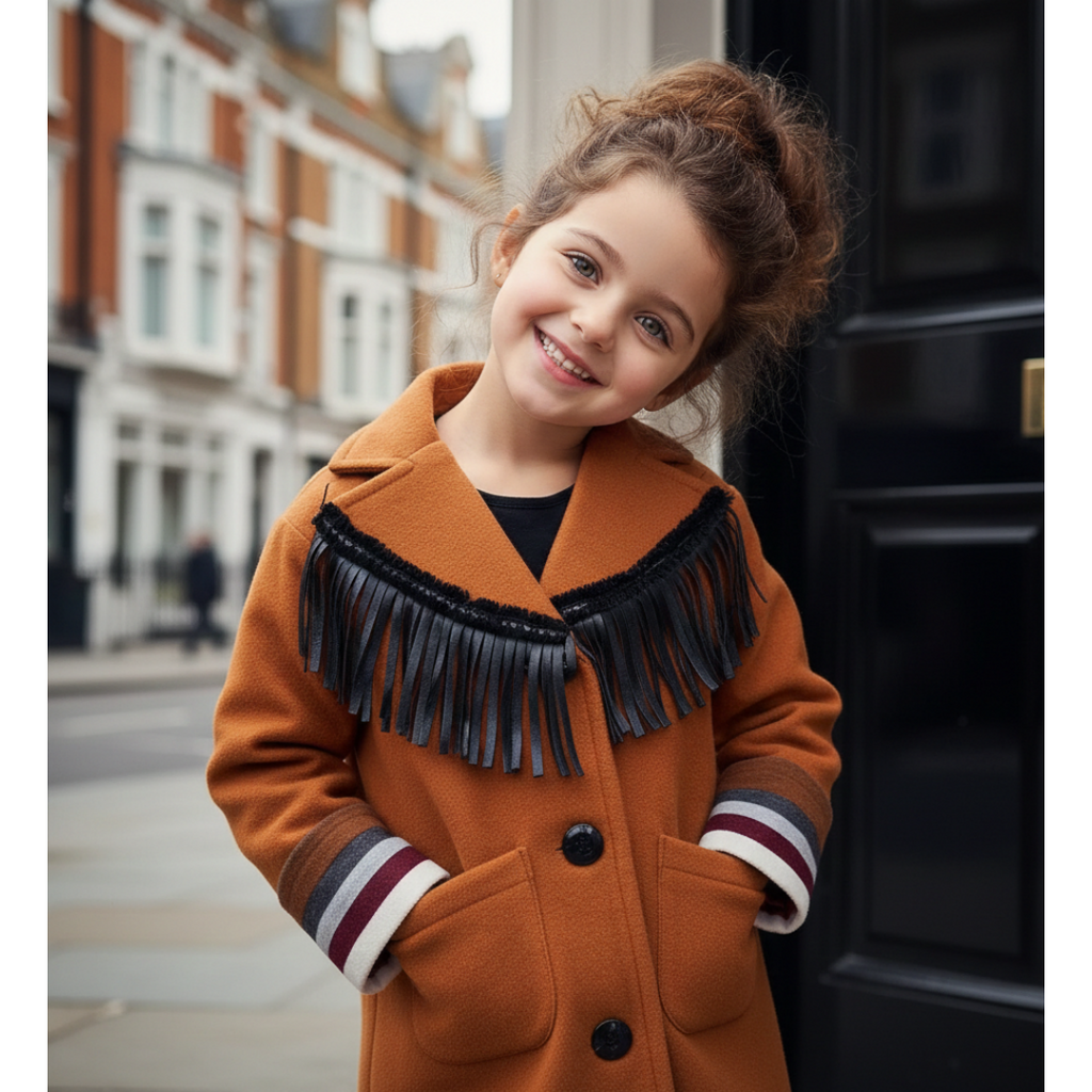 Filles Woolen Long Coat 3-12y Crème Orange Vintage Coat Style mignon