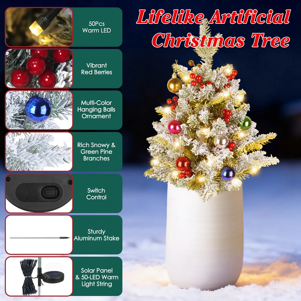 Arbre de Noël artificiel solaire - 50 LED chaudes et 2 modes d'éclairage