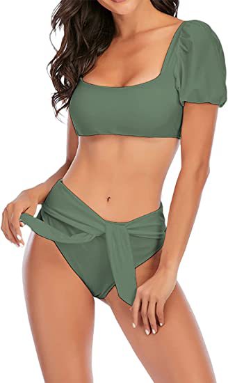 Maillot de bain taille haute avec manches et cravates à bulles