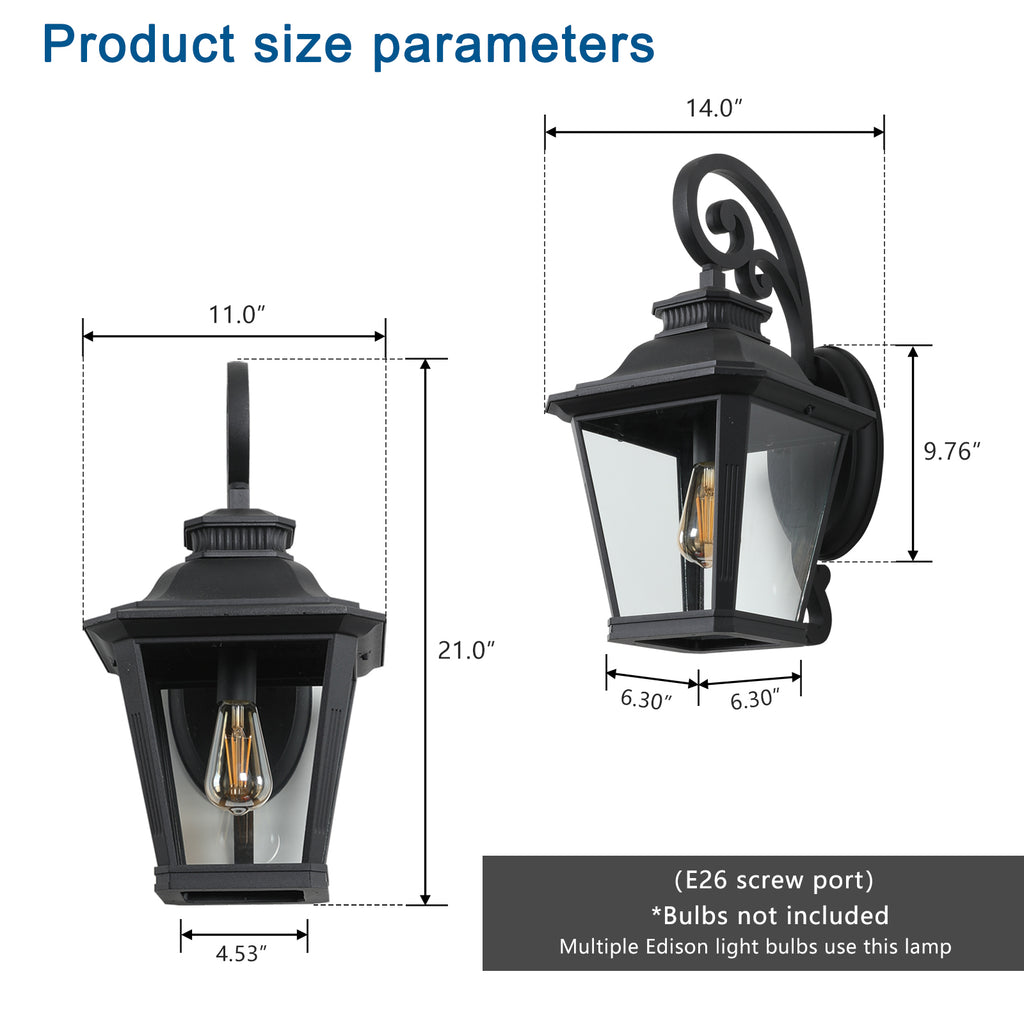 21"(H) 1-paquet de lumière de lanterne de mur extérieur – Vintage métal noir et verre clair avec D