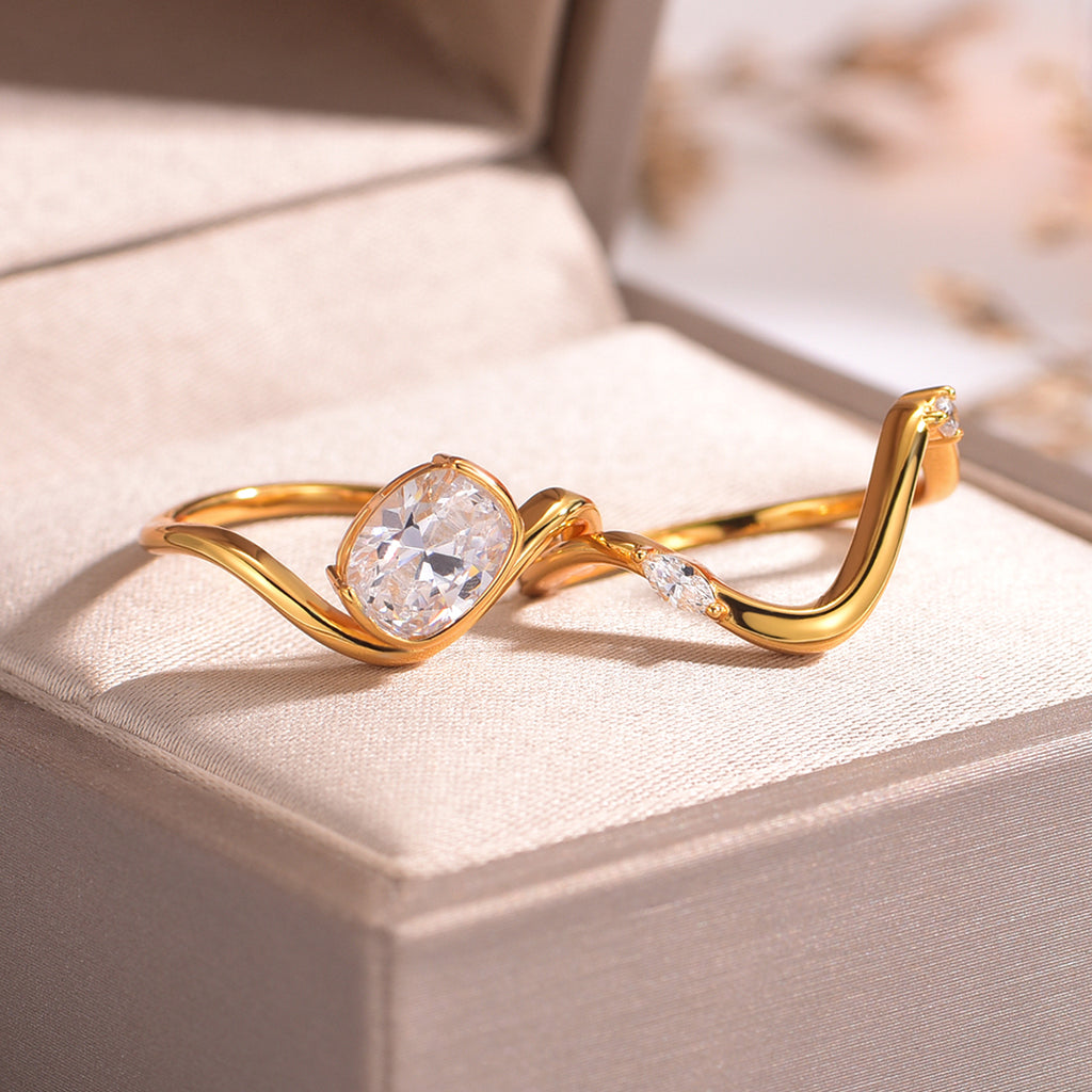S925 Argent plaqué or 2ct Coussin Moissanite Ensemble de mariage 6x8mm D Couleur VVS1 Wave Wrap Des