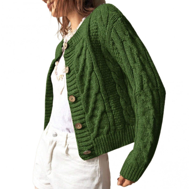 Cable-knit Cardigan Femmes Col d'équipage Veste de sweater courte